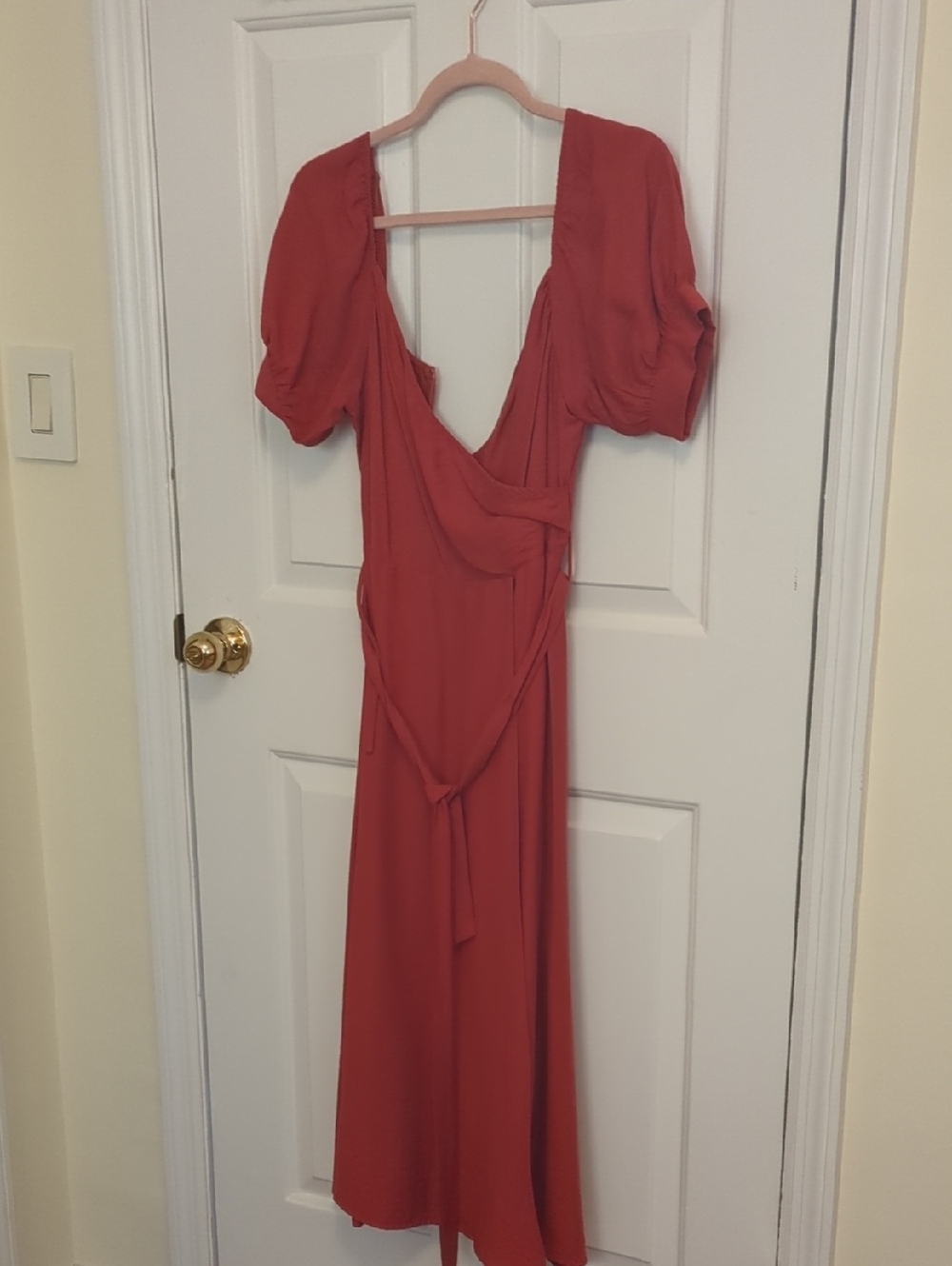 HYFVE Rust Red Backless Midi Dress with Puff Sleeves